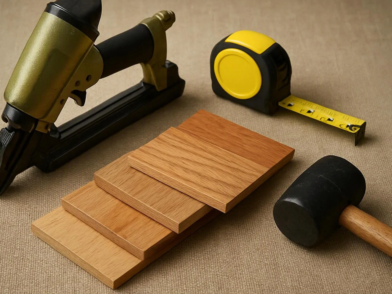 Wood flooring tools and sample planks are arranged on a beige surface
