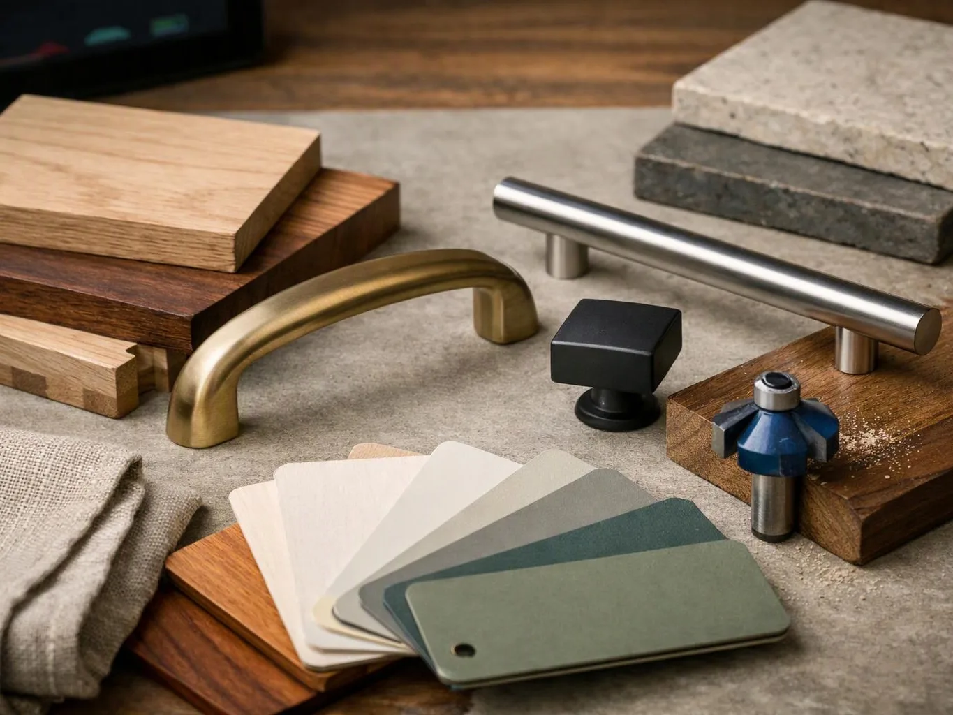 Wood, metal, and stone samples sit beside cabinet handles, a router bit, and color swatches on a work surface