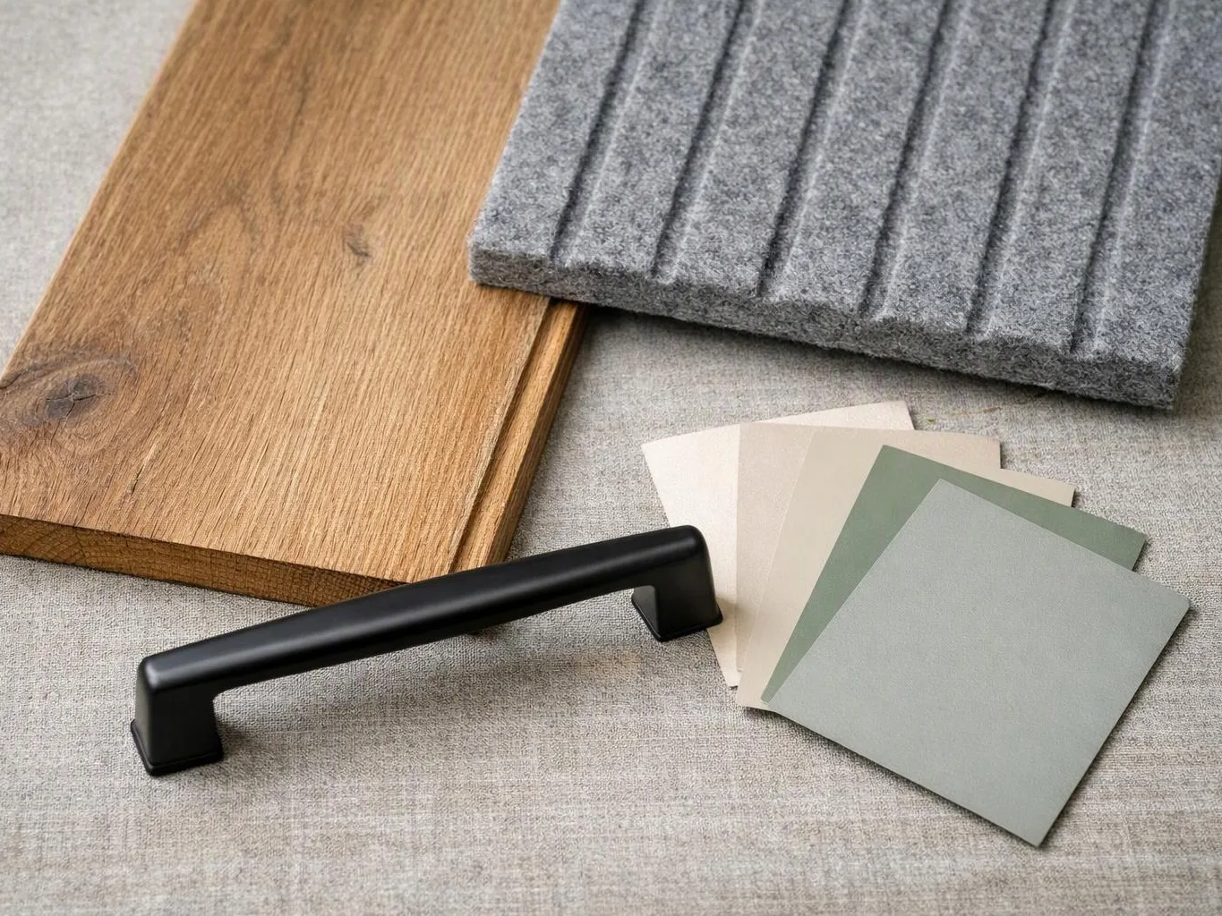 A wood sample, gray felt panel, black handle, and fan of color swatches lie on a fabric surface