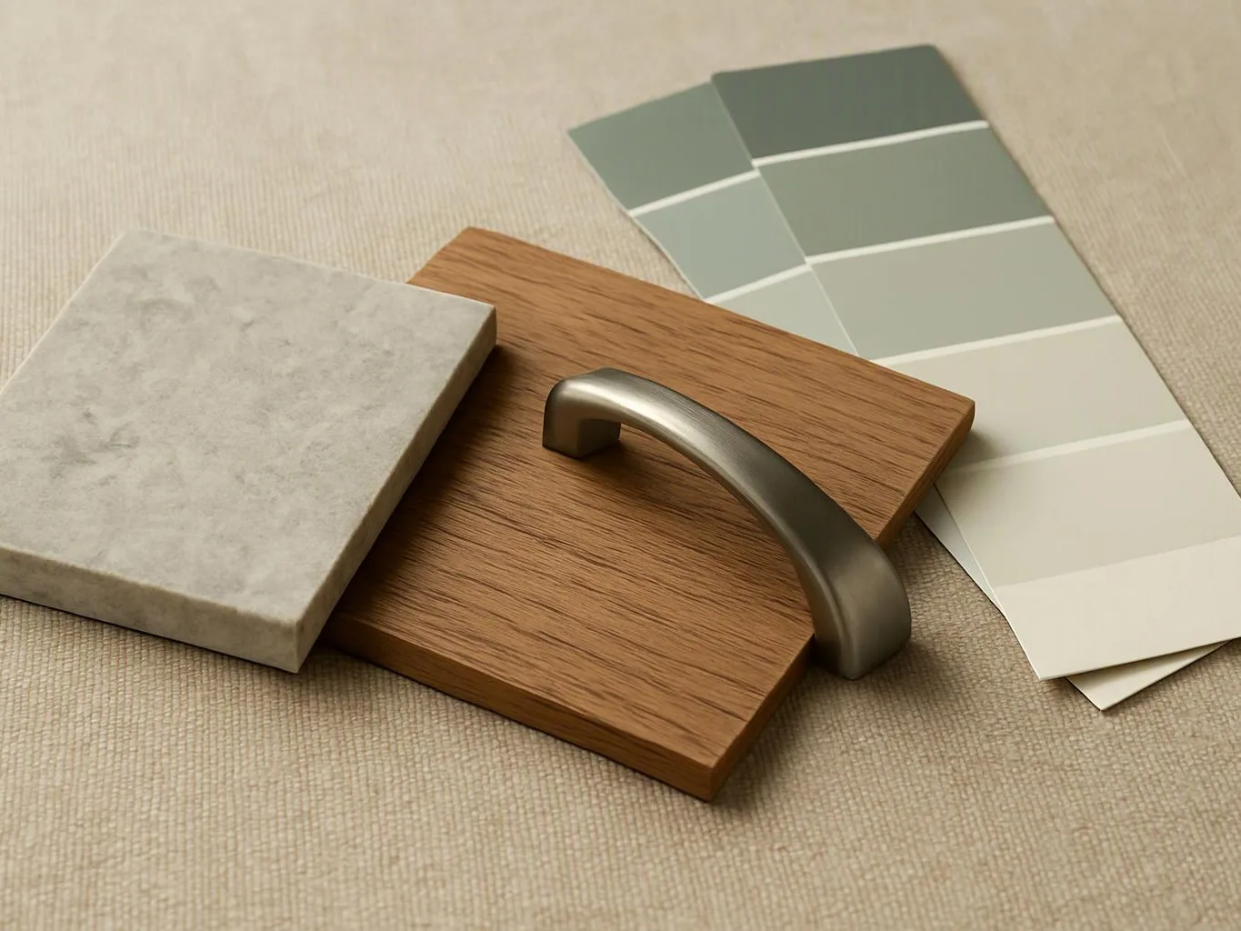 A wood sample with a metal handle lies beside a stone tile and gray paint swatches on fabric