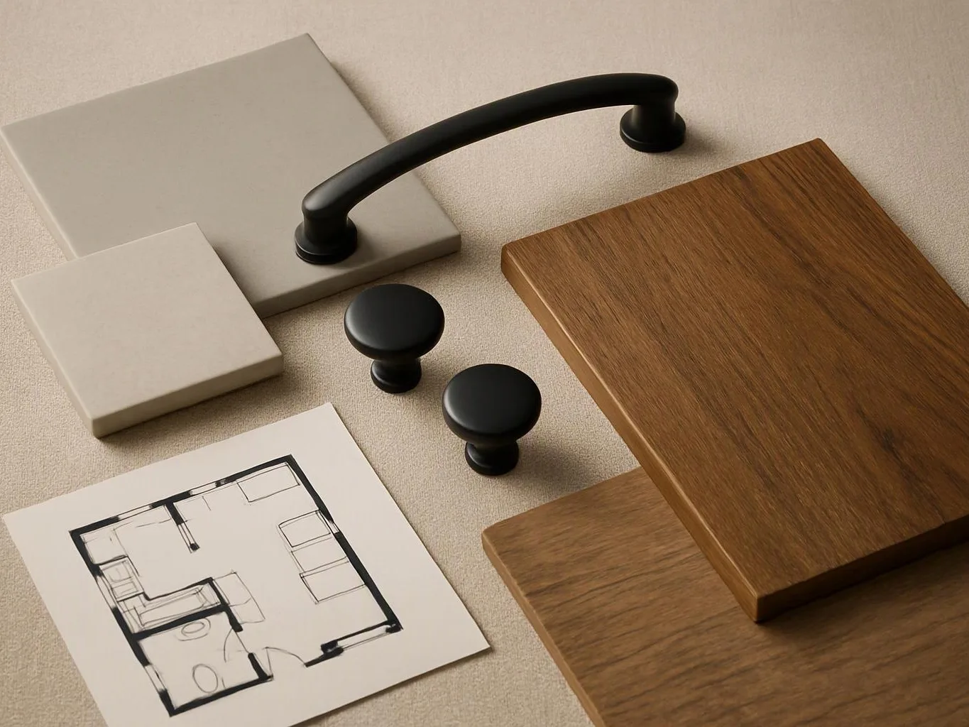 Wood and sample tiles are arranged around a black handle and a simple floor plan sketch on a beige surface