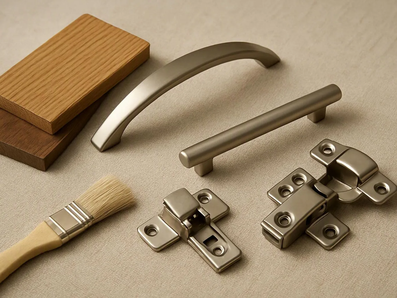 Wood samples, metal cabinet handles, hinges, and a small brush lie on a beige surface