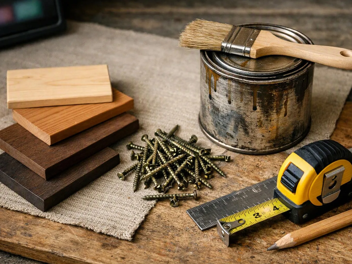 Wood samples, screws, a paint can with brush, and measuring tools sit on a workbench