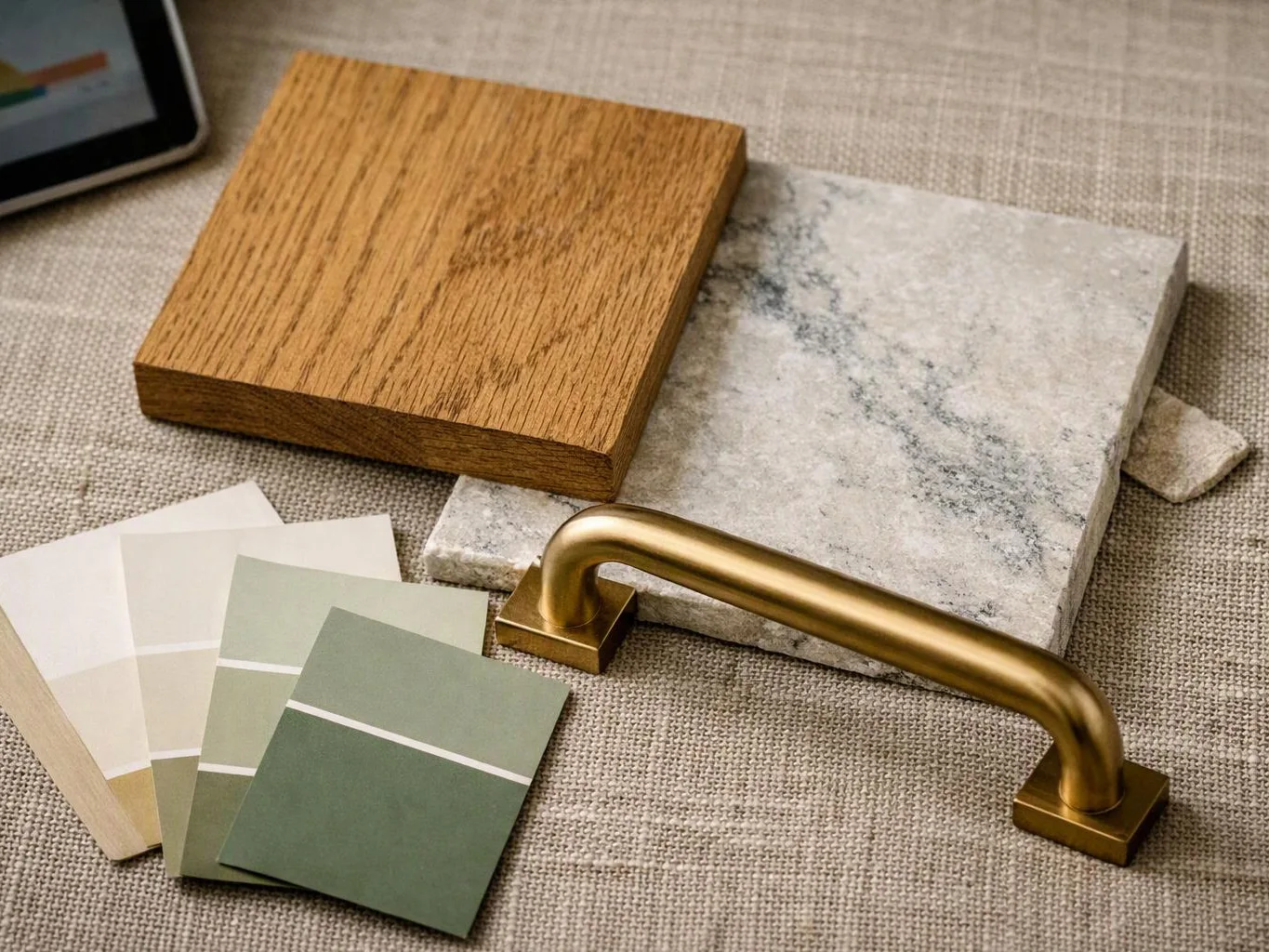 Wood and stone sample tiles sit beside a brass handle and color swatches on fabric