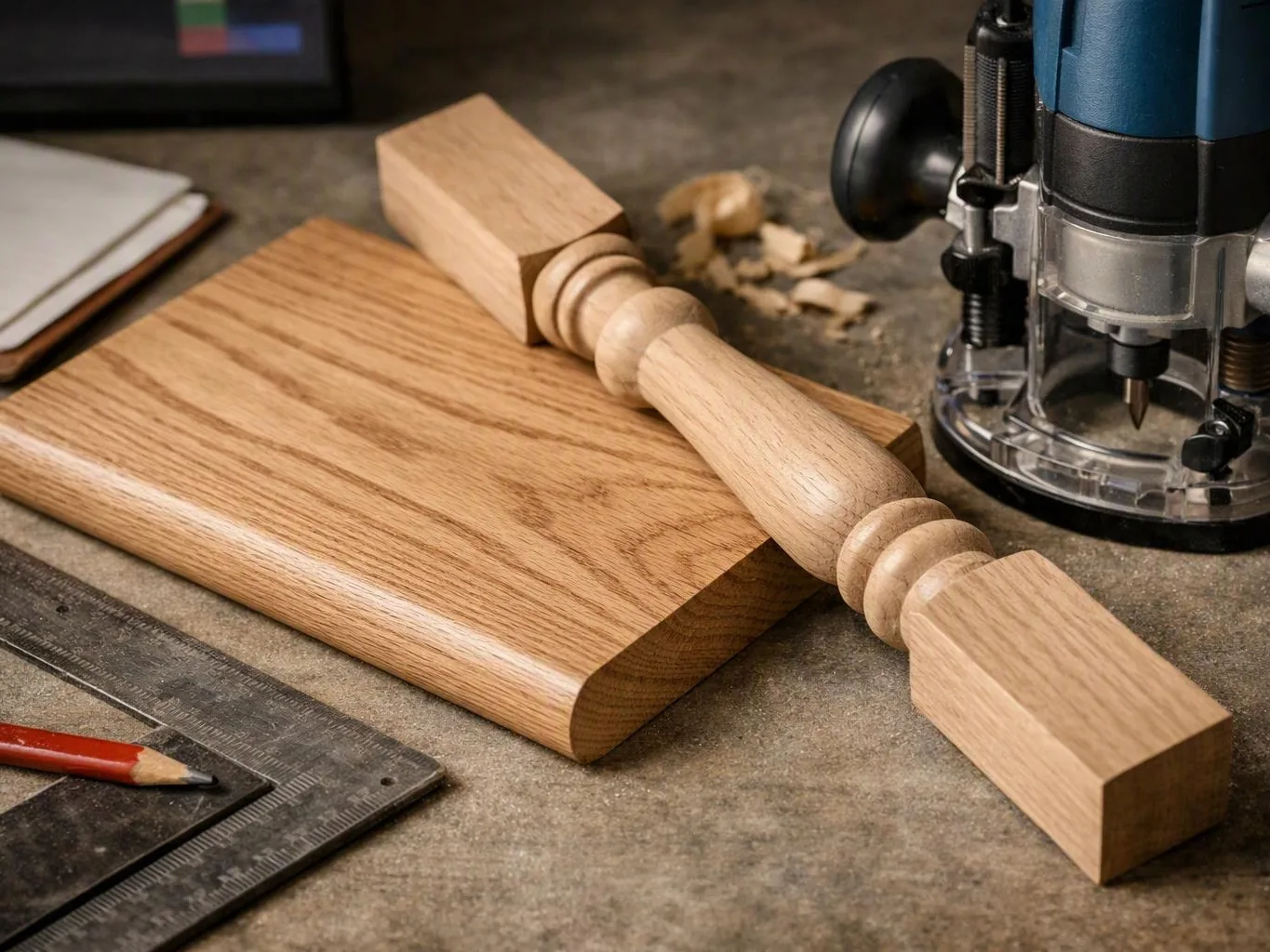 A wooden board, turned spindle, and router sit on a workbench with a ruler and pencil nearby