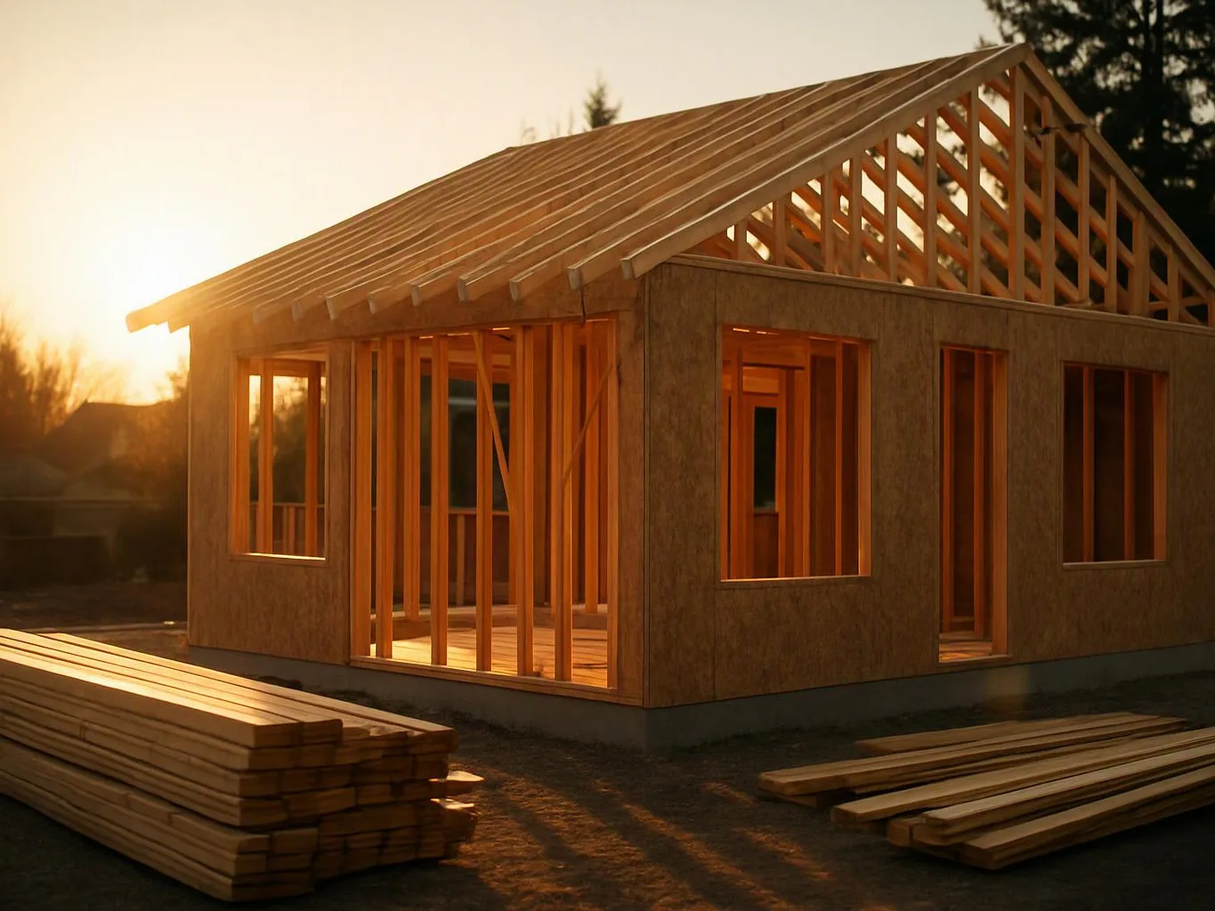 A wooden house frame stands in warm sunset light with lumber stacked in front and beside it