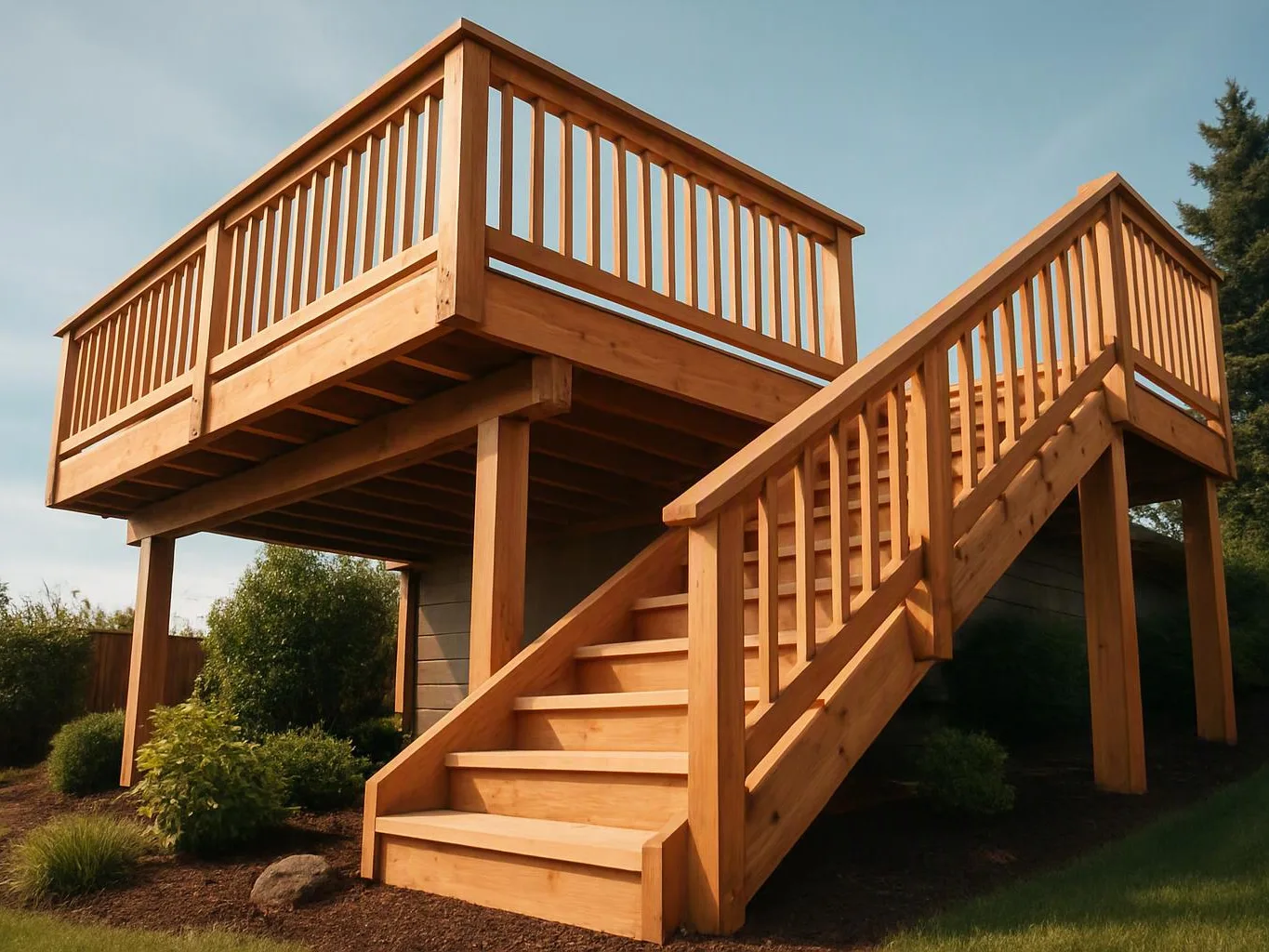 A wooden raised deck with stairs stands in a landscaped yard under a clear sky