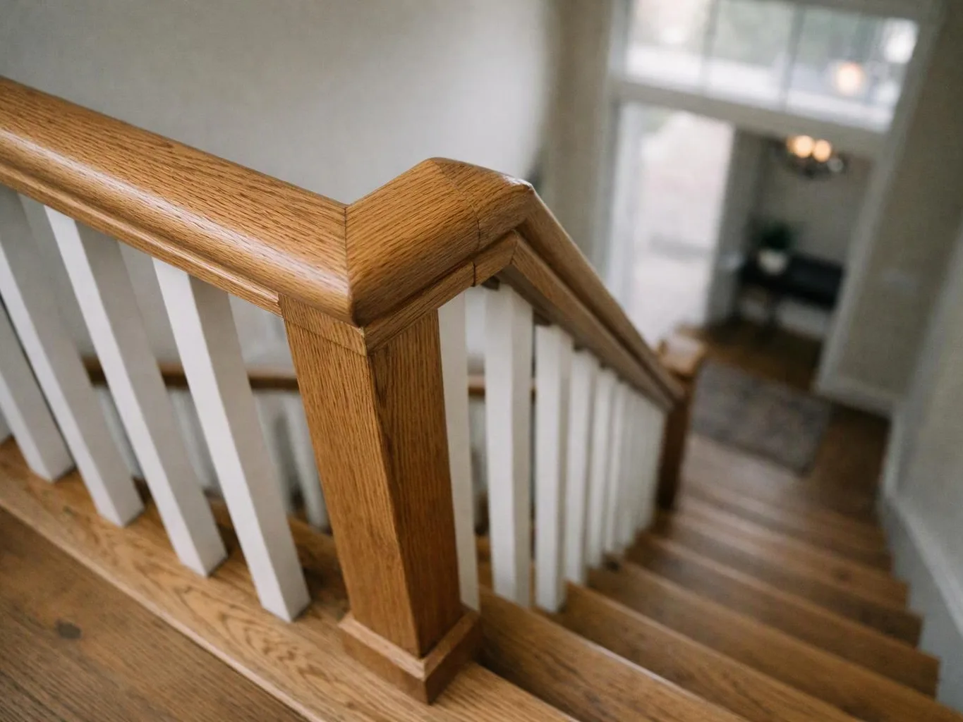 A wooden staircase with white balusters descends toward a bright hallway below