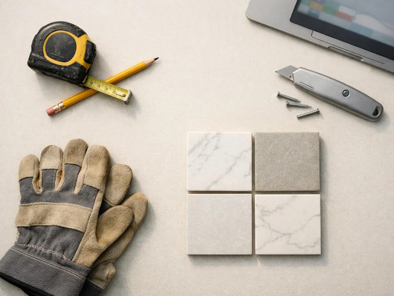 Work tools, gloves, screws, a utility knife, and sample tiles sit on a white tabletop