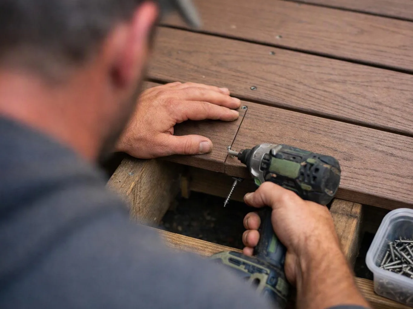 A worker drives a screw into a wooden deck board with a cordless drill, with loose screws beside him