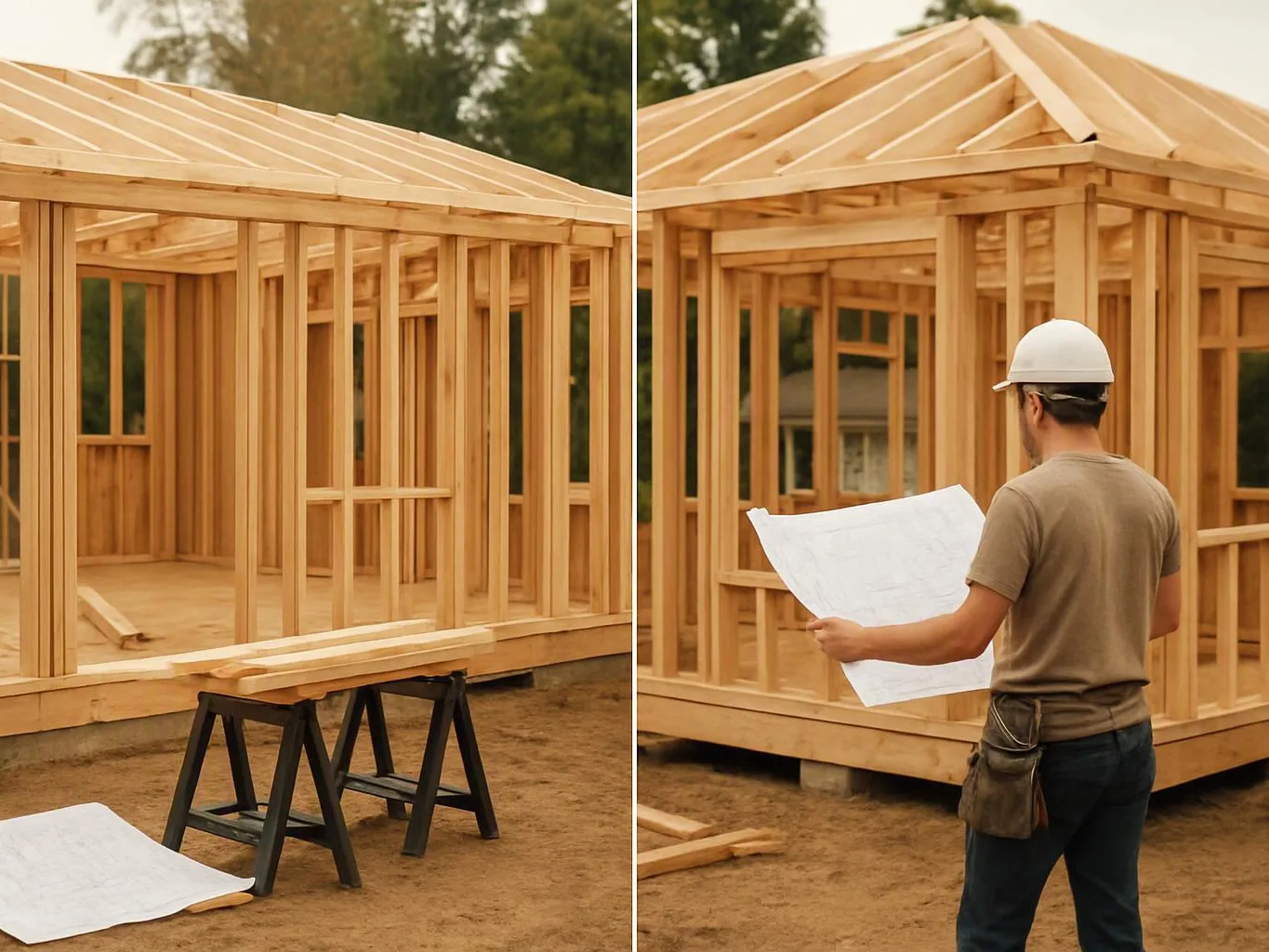 A worker in a hard hat studies blueprints beside a wooden house frame under construction