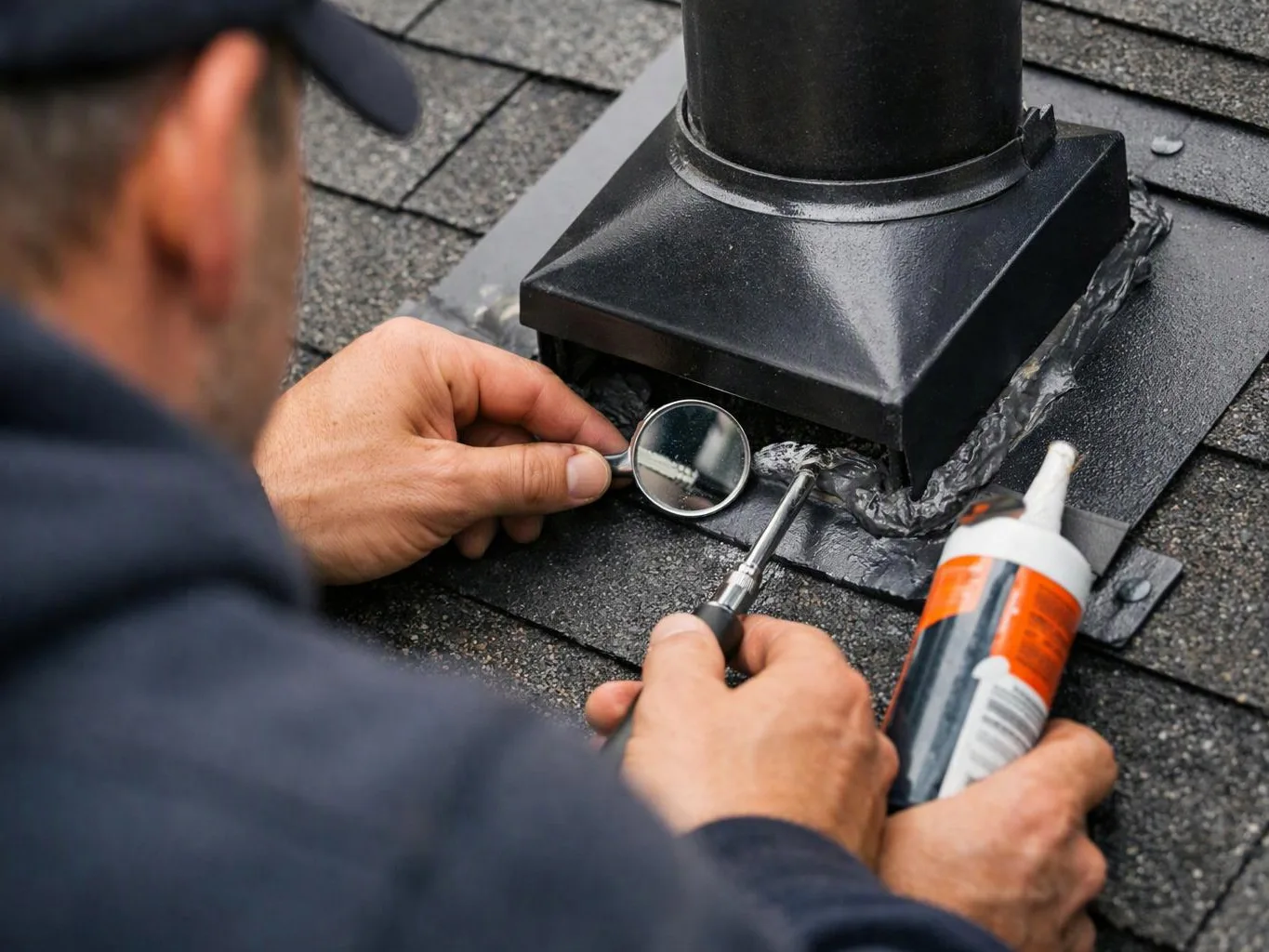 A worker inspects a roof vent with a magnifying glass while holding a caulking gun and sealant tube