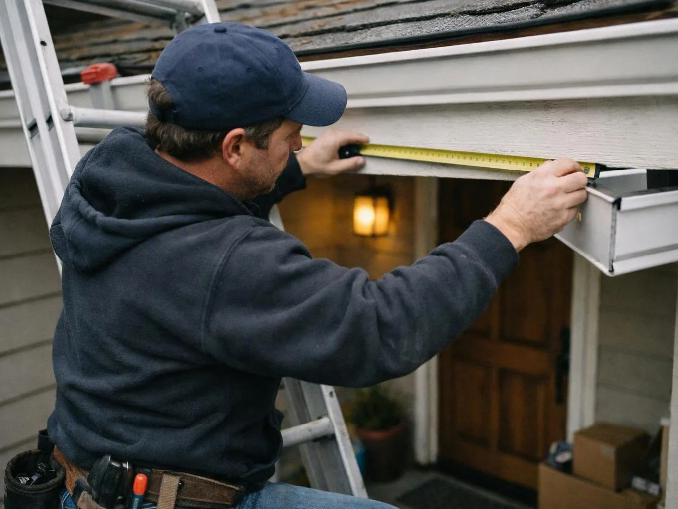 A worker on a ladder measures the edge of a roof above a house entrance