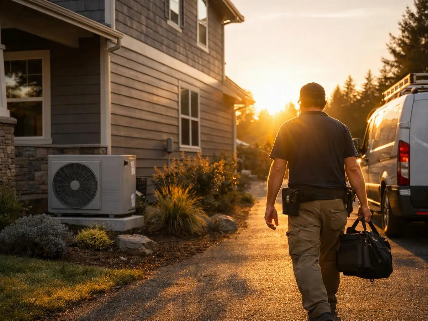 A worker in work clothes walks beside a house at sunset, carrying a black tool bag near a white van